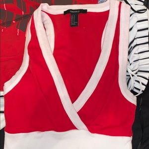 very cropped red shirt